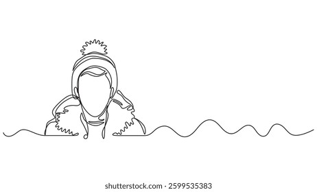 A minimalist continuous line drawing depicts a person wearing winter clothing. The artwork focuses on simplicity and elegance.