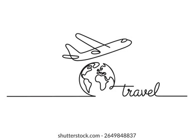 Um desenho de linha contínua minimalista retrata um avião voando sobre um globo estilizado com a palavra "viagem" incorporada no design, tudo isolado em um fundo branco.