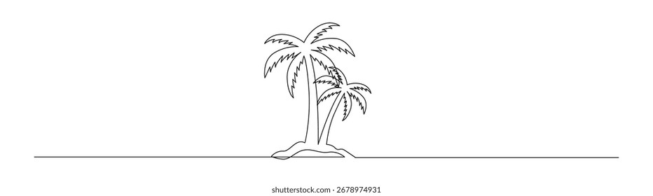Un dibujo minimalista de líneas continuas representa dos palmeras en una Pequeña isla, perfecto para temas tropicales, de vacaciones o de verano.