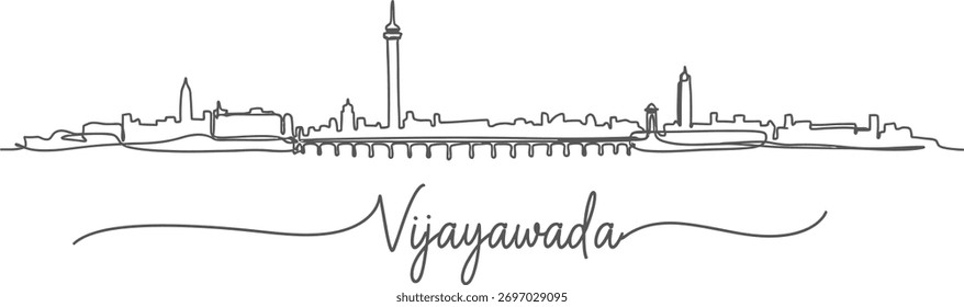 A minimalist continuous line drawing depicts the Vijayawada skyline with the city's name in elegant script.