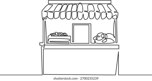 Um desenho de linha contínua minimalista retrata uma charmosa banca de mercado com um toldo, mostrando vários itens em seu balcão em um estilo simples e artístico.