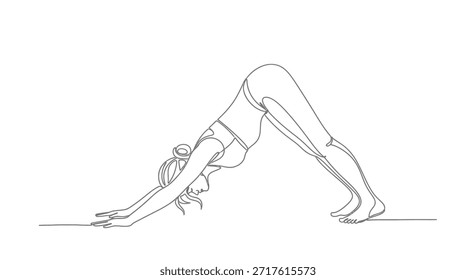 Eine minimalistische durchgehende Strichzeichnung zeigt eine junge Frau, die anmutig Yoga praktiziert und die nach unten gerichtete Hundepose hält. Diese einfache, aber elegante Illustration fängt das Wesen der Fitness,
