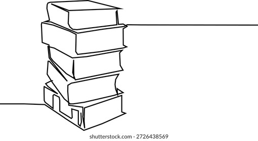 A minimalist continuous line drawing depicts a vertical stack of five books, with a single flowing line forming their outlines against a plain white background, suggesting learning or literature.