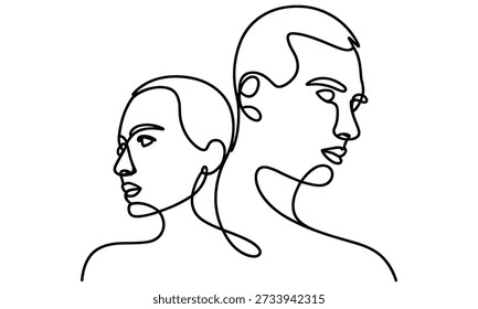 Minimalist continuous line drawing depicts two people facing the same direction side by side symbolizing togetherness and unity in a simple, modern illustration.