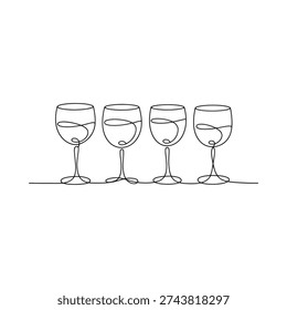 A minimalist continuous line drawing depicts four wine glasses in a neat evenly spaced row high quality