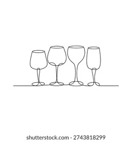 A minimalist continuous line drawing depicts four wine glasses arranged in a neat horizontal row high quality
