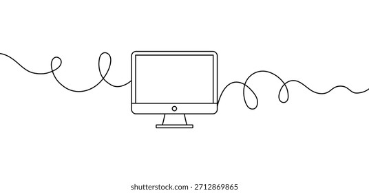 Minimalist continuous line drawing of a desktop computer monitor with a whimsical, looping cable or connection line extending from both sides