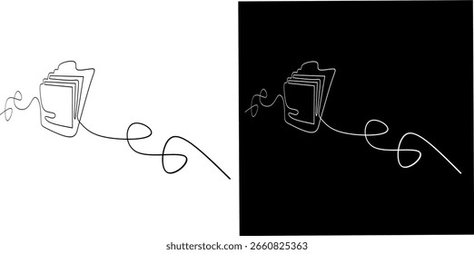Minimalist continuous line drawing of a document folder with a swirling cable, shown on white and black backgrounds, perfect for tech or office themes