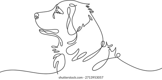 Dibujo de línea continua minimalista de la cabeza de un perro de perfil, mostrando su expresión suave y orejas flacas.