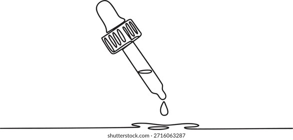 Desenho de linha contínua minimalista de um conta-gotas que dispensa uma gota de líquido. Esta ilustração vetorial simples sobre um fundo transparente é perfeita para conceitos relacionados com medicina, ciência, cosméticos ou trabalho de laboratório.