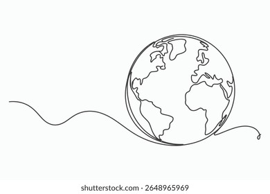 Um desenho minimalista e contínuo da Terra, mostrando continentes como a América do Sul e a África, com uma linha que se estende do planeta através de um fundo branco.
