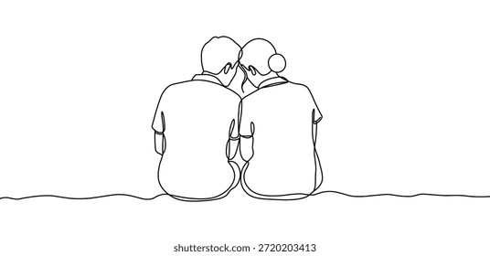 Dibujo lineal continuo minimalista de una pareja de ancianos sentados juntos, vistos desde atrás