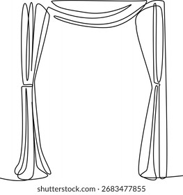 Um desenho de linha contínua minimalista de um arco elegante coberto com cortinas fluindo, sugerindo uma grande entrada ou palco.
