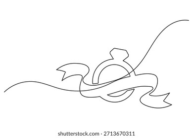 Dibujo minimalista en línea de un elegante anillo de compromiso de diamantes con un Anuncio fluido