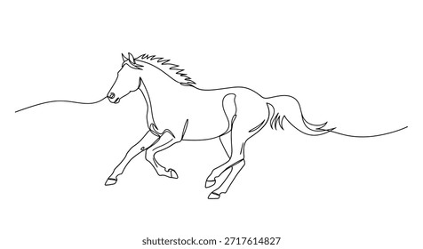 Um desenho de linha contínua minimalista representa elegantemente um cavalo galopante, capturando a essência de seu poder e graça. Esta arte de linha única mostra o movimento e a forma do animal com um simples