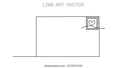 Desenho de linha contínua minimalista de um envelope com um selo em forma de coração. Design gráfico simples que representa amor, comunicação e correspondência por correio. Ilustração vetorial