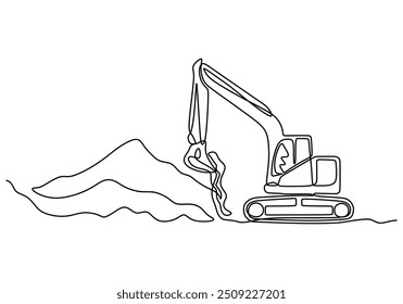 Dibujo de línea continuo minimalista de una excavadora en acción. Simboliza la construcción y la minería en una Ilustración vectorial.