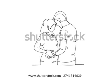 Minimalist Continuous Line Drawing of Expectant Muslim Couple Illustration Graphic