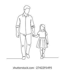 Minimalist continuous line drawing of father and daughter walking together holding hands