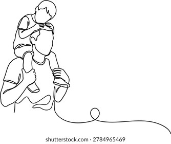 A minimalist continuous line drawing of a father carrying his child on his shoulders, symbolizing love and family.