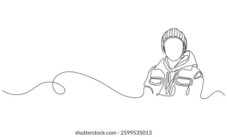 A minimalist continuous line drawing features a person wearing winter clothing. The single stroke design creates a modern and artistic illustration.