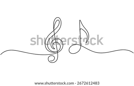 A minimalist continuous line drawing features a treble clef and a musical note, connected by a flowing line on a white background. This simple yet elegant illustration captures the essence of music.