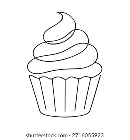 A minimalist, continuous line drawing featuring a detailed cupcake with swirled frosting, accompanied by a smaller icon of a cupcake.