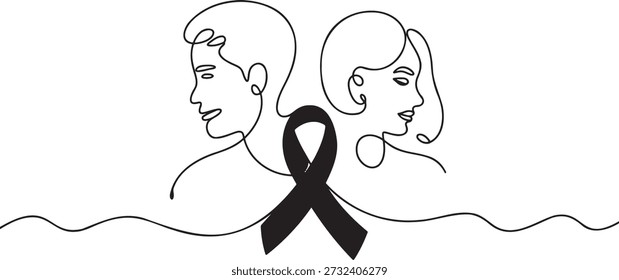 Minimalist continuous line drawing featuring profiles of a man and woman facing away from each other, united by a black ribbon symbol in center. This artwork conveys themes of mourning, loss, remembrance, and empathy, isolated on a transparent background for versatile use.