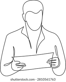 A minimalist continuous line drawing featuring a person holding a piece of paper and writing, perfect for creative design projects and concepts.