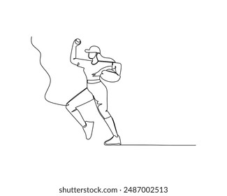 A minimalist continuous line drawing of a figure in motion. Female baseball player in the athletic activity poses, holding a ball and glove. Outdoor sport activities concept and illustration