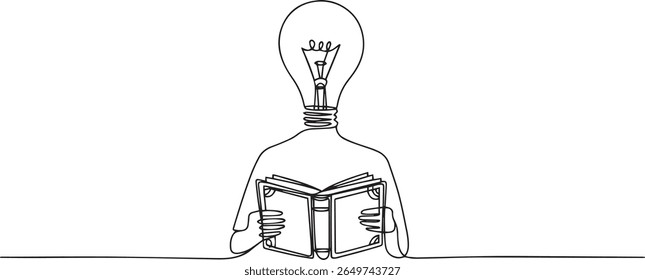 Minimalist continuous line drawing of a figure with a light bulb head holding an open book in a relaxed pose, symbolizing knowledge and ideas

