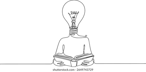 Minimalist continuous line drawing of a figure with a light bulb head holding an open book in a relaxed pose, symbolizing knowledge and ideas

