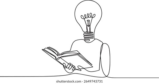 Minimalist continuous line drawing of a figure with a light bulb head holding an open book in a relaxed pose, symbolizing knowledge and ideas

