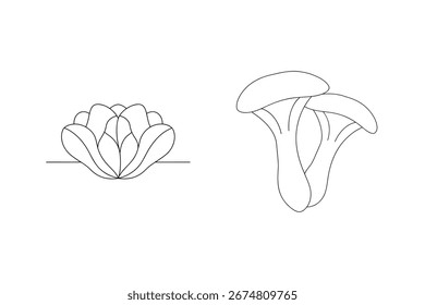 Minimalist continuous line drawing of a flower and mushrooms