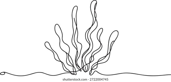 Desenho de linha contínua minimalista de plantas aquáticas fluidas que se assemelham a algas ou algas que se erguem de uma linha horizontal que representa o fundo do mar, forma orgânica simples de arte vetorial.