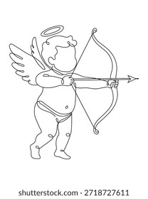 A minimalist continuous line drawing of a flying Cupid aiming his bow and heart-shaped arrow, perfect for Valentine's Day designs, romantic greeting cards, and elegant wedding decorations
