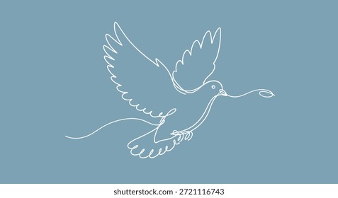 Dibujo de línea continuo minimalista de una paloma voladora de la paz que lleva una rama de olivo sobre un fondo azul tranquilo.