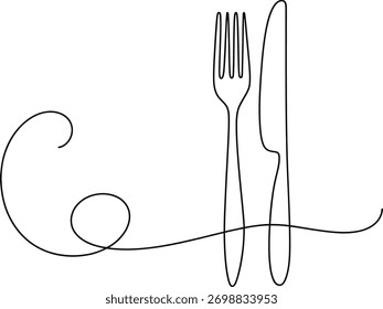 Minimalist Continuous Line Drawing of Fork and Knife   Elegant Black and White Kitchen Utensil Art