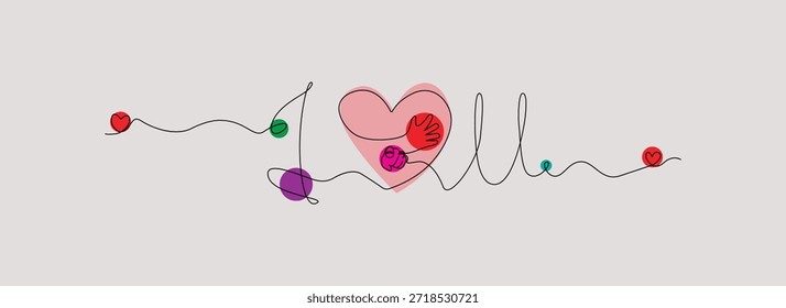 Un dibujo minimalista y continuo que forma la frase 'Te amo', donde el 'amor' está representado por una forma de corazón. La línea está acentuada con puntos suaves, coloridos, brillantes y Pequeños rojos y verdes