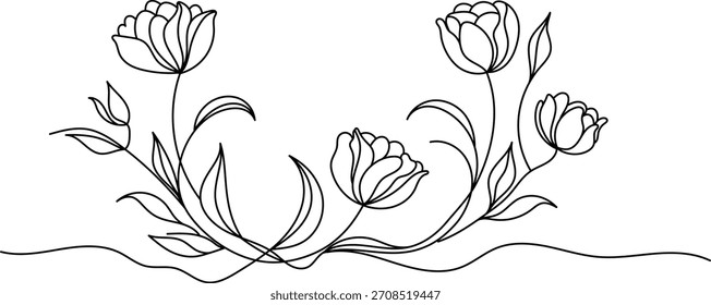 Marco de dibujo de línea continua minimalista de flores de tulipán 