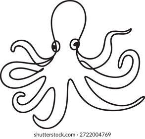 Minimalistische durchgehende Linienzeichnung eines freundlichen Tintenfisch-Meerestiers. Abstrakte einfache Kontur Illustration von Kopffüßern ideal für Ozean Life Design oder Aufkleber.