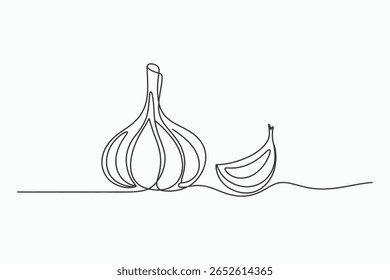 Minimalistische durchgehende Linienzeichnung einer Knoblauchzwiebel und einer einzigen Nelke