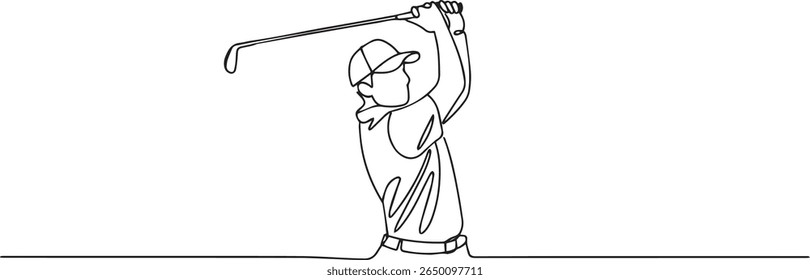 Minimalist continuous line drawing of a golfer in mid-swing with golf club raised high showing dynamic motion in black and white style

