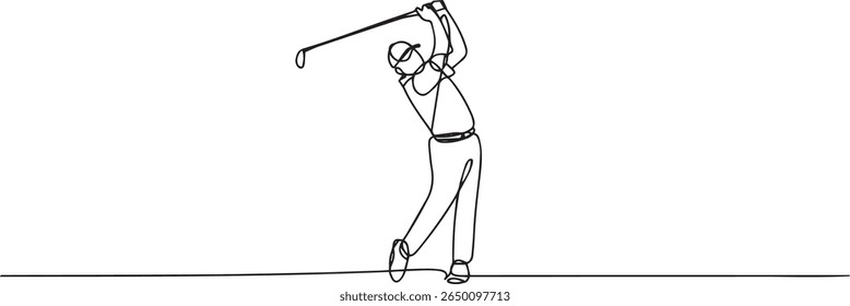 Minimalist continuous line drawing of a golfer in mid-swing with golf club raised high showing dynamic motion in black and white style

