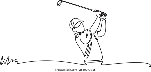 Minimalist continuous line drawing of a golfer in mid-swing with golf club raised high showing dynamic motion in black and white style


