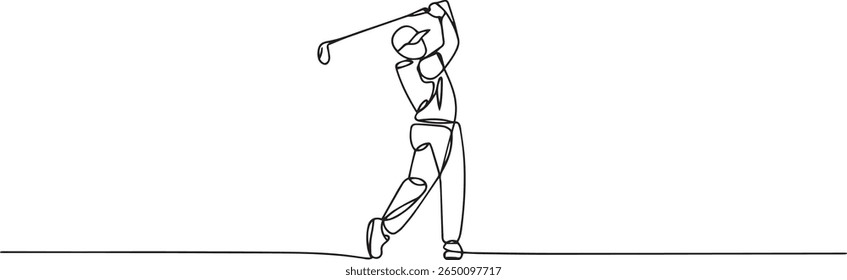 Minimalist continuous line drawing of a golfer in mid-swing with golf club raised high showing dynamic motion in black and white style

