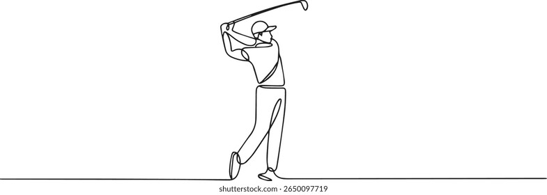 Minimalist continuous line drawing of a golfer in mid-swing with golf club raised high showing dynamic motion in black and white style


