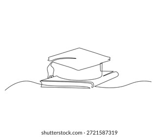 Desenho de linha contínua minimalista de um teto de graduação descansando em um livro fechado, simbolizando educação, sucesso acadêmico, realização acadêmica e aprendizagem ao longo da vida em um estilo artístico moderno