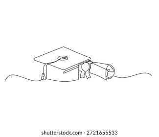 Desenho de linha contínua minimalista de um boné de graduação e pergaminho de diploma amarrado com fita simbolizando sucesso acadêmico realização de marca do aluno e celebração de marcos de graduação.