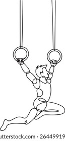 Desenho de linha contínua minimalista de um ginasta que atua em anéis suspensos em uma postura de força dinâmica sobre fundo branco


